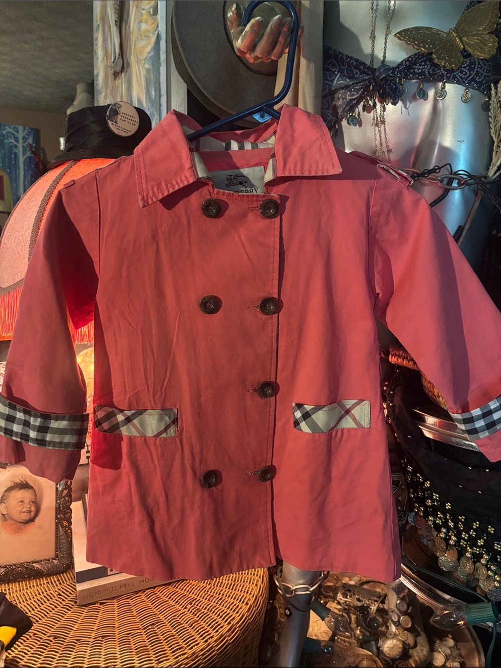 Burberry London, Vintage, kids Pink Double-Breasted Trench Coat with Plaid Trim